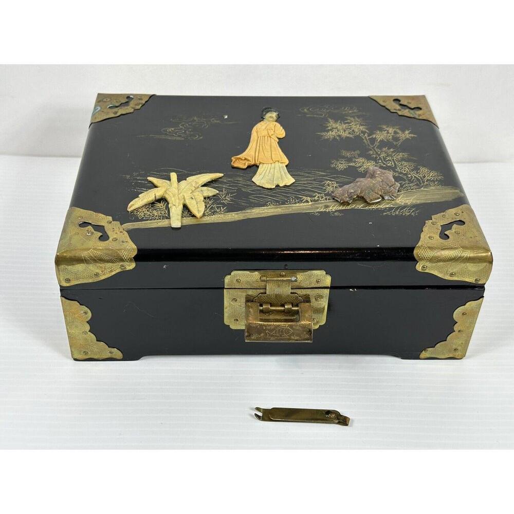 1950s Japanese‎ Black Lacquer Jewelry Box Asian vtg Antique Japan